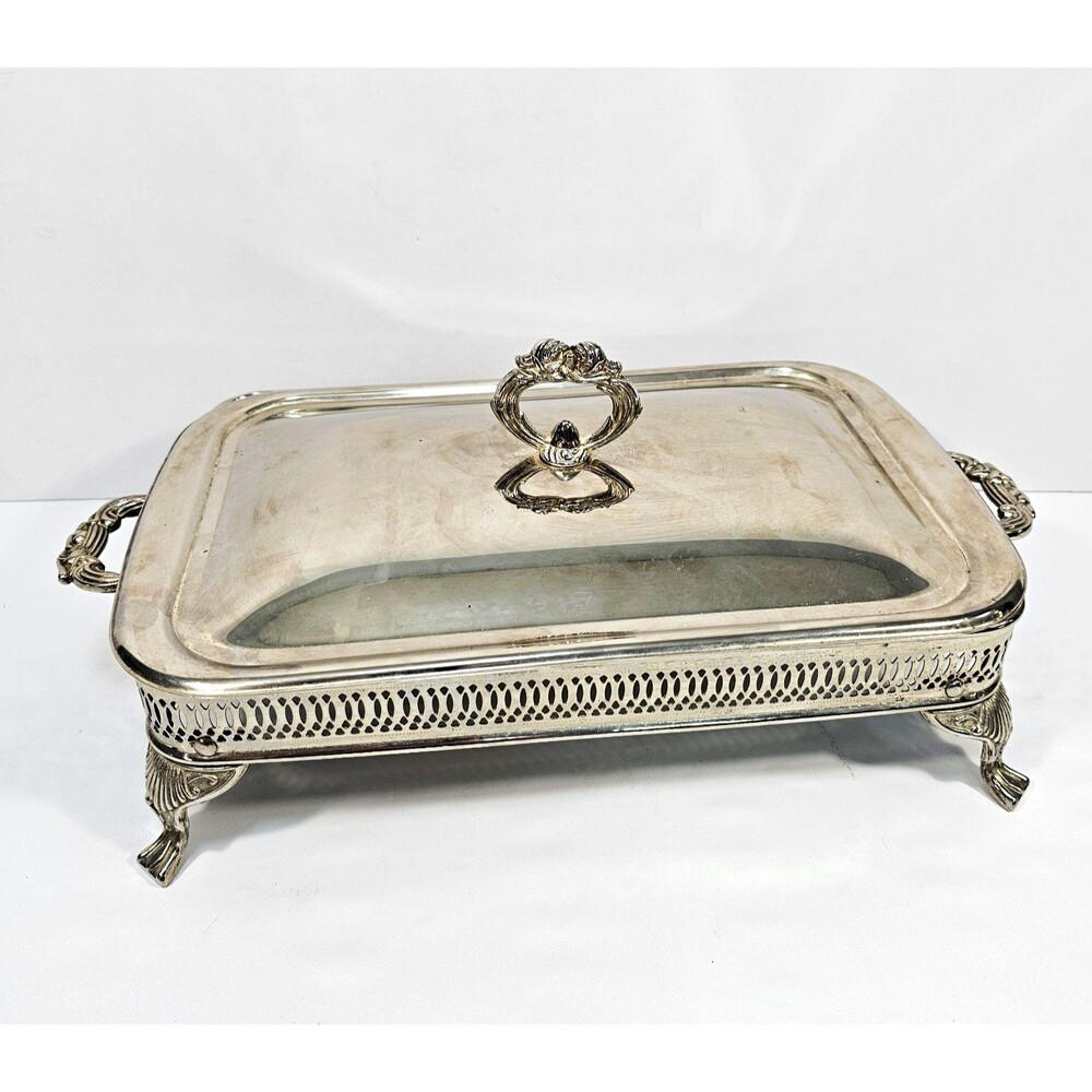 Vintage Silverplate Rectangular Casserole Dish Holder Frame Lid Footed Stand
